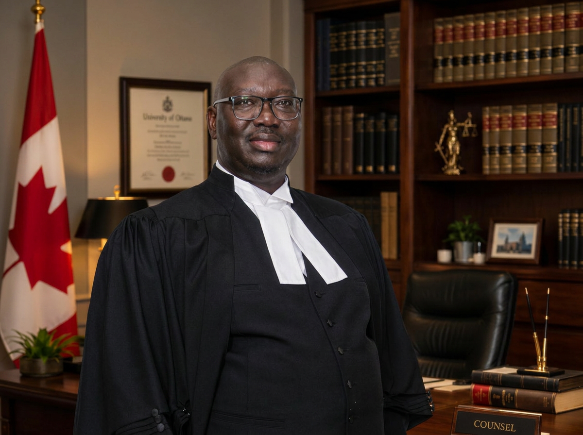 Denis O. Olwedo, Barrister & Solicitor, in barrister's robes at the Olwedo Law Professional Corporation office in North York, Toronto